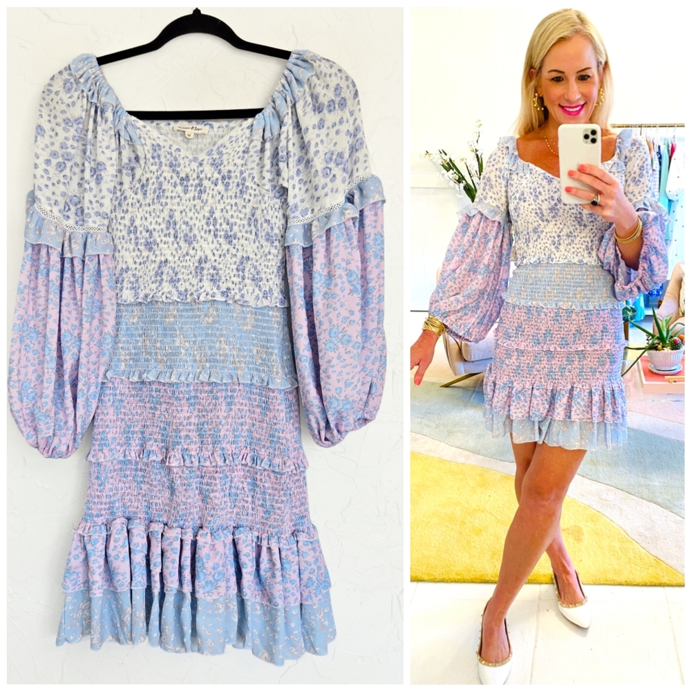 Yvonne & Love Floral Girly Smocked Blue Pink Dress, M